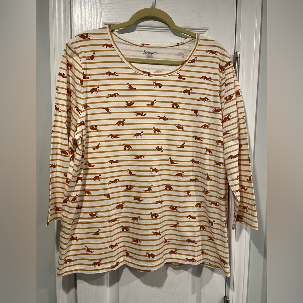 NWOT Serengeti Size XL Mustard Stripe Red Fox Long Sleeve Crew Neck Tee Shirt